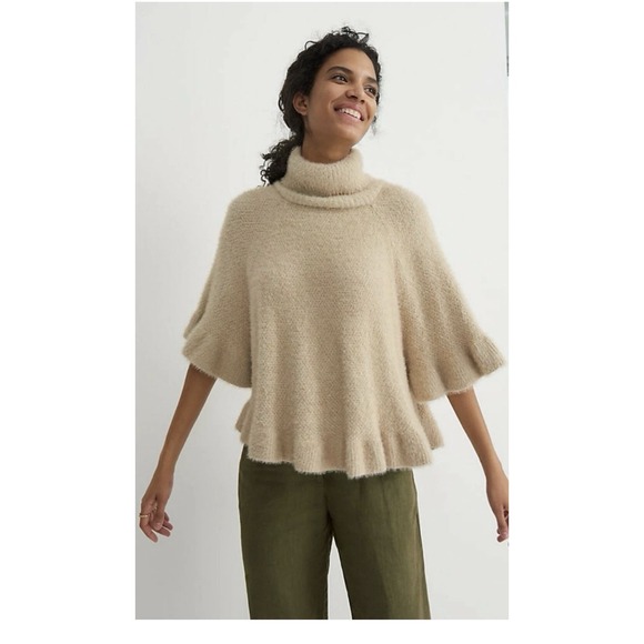 Anthropologie Sweaters - Anthropologie Falling Snow Ruffled Turtleneck Poncho Sweater One Size Beige‎